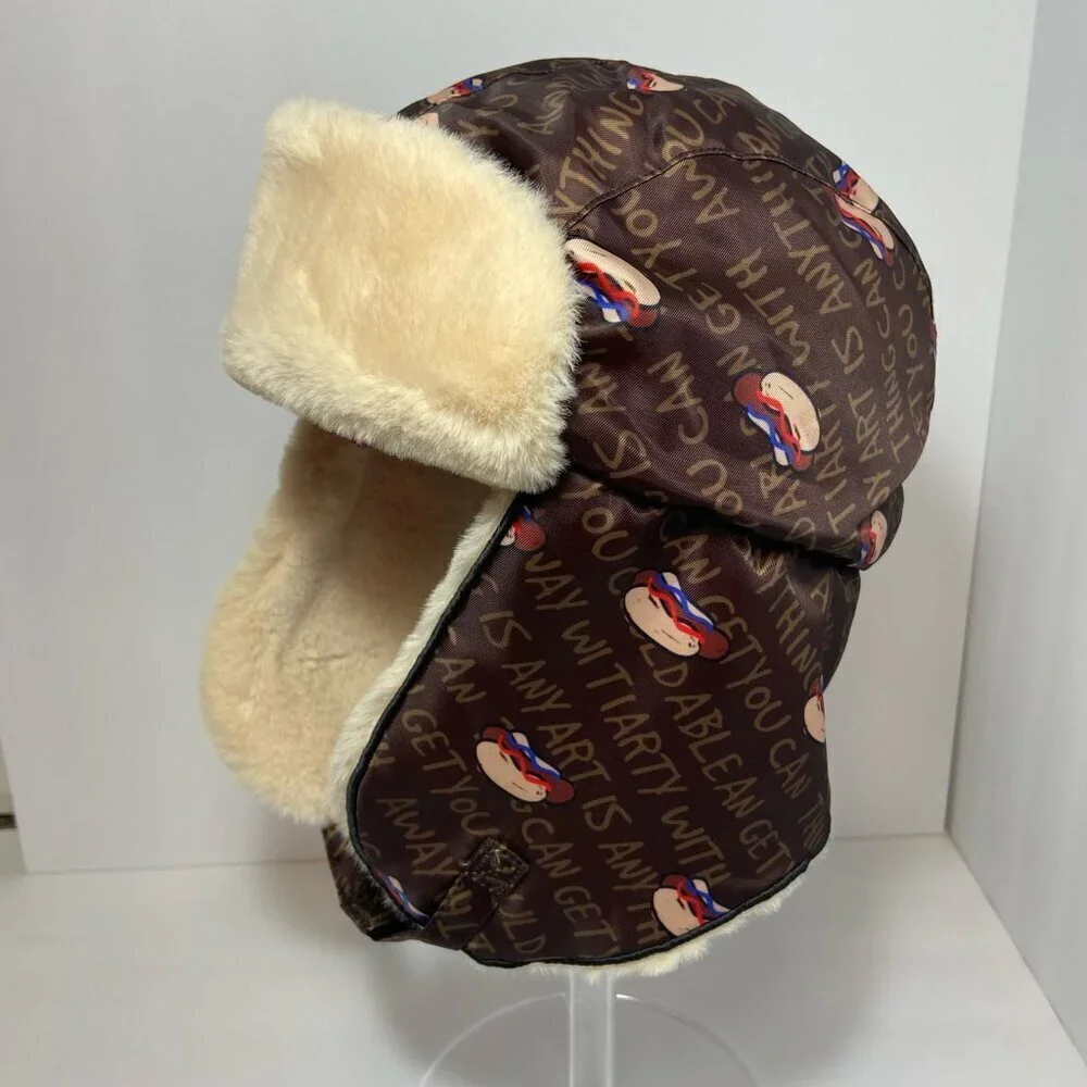 Happy Nocnoc Faux Fur Trapper Hat – Brown Cartoon Print – Size 58cm